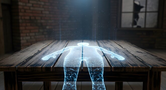 A futuristic digital hologram of a human figure lying on a wooden table in a modern indoor setting with brick walls and large windows - Powered by Adobe
