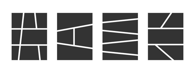 Set of graphic novel page templates. Black anime comic book panels isolated on white background. Grids for manga storyboard, photo collage, magazine, poster or brochure. Vector illustration.