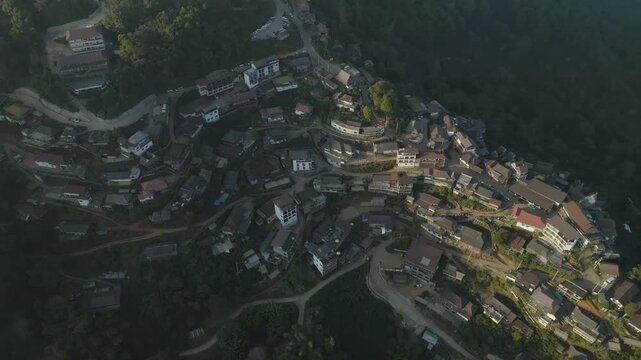 Aerial view of  Ban Pha Hee - a remote Akha hill tribe village located high in Mae Sai district, Chiang Rai province. Thailand
