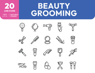 Line art icons depicting beauty and grooming tools in a minimalist style
