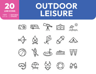 Outdoor leisure line icons camera trailer telescope painting beach bow campfire kite skateboard tent ball kayak golf boat fins snorkel chair bikini buoy binocul