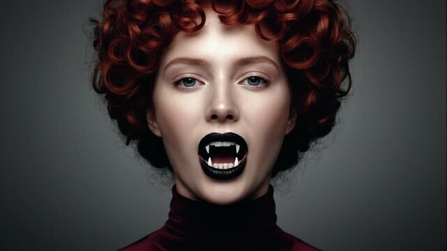 Pale Red-Curly-Haired Vampire Woman with Black Lipstick Showing White Fangs Close-Up on Gray Background
