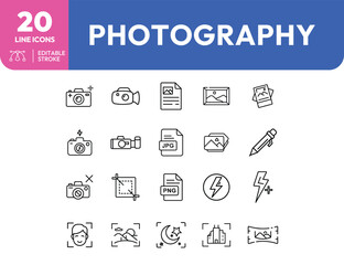Photography Line Icons Cameras Files Editing and Landscape Elements