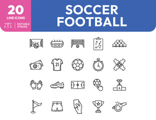 Soccer and Football Line Icons Equipment Field Gear and Competition Elements