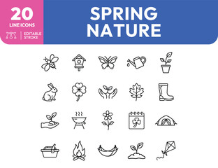Spring Nature Line Icons Bee Birdhouse Butterfly Watering Can Plant and More