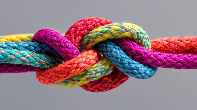 Colorful braided ropes intertwined in a complex knot showcasing craftsmanship and texture