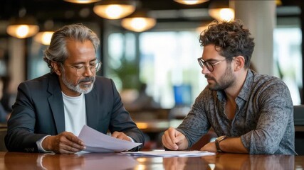 Dynamic business team collaborates reviewing financial reports in bright office setting