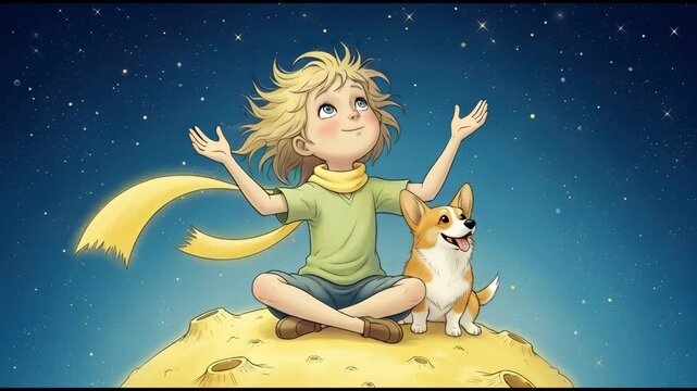 Boy sitting on the moon with his dog, gazing at the stars. A cute cartoon illustration of innocence and friendship. Dreamy, imagination, childhood.