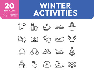Winter Activities Line Icons Scarf Thermos Fireplace Sleigh Reindeer Christmas Tree