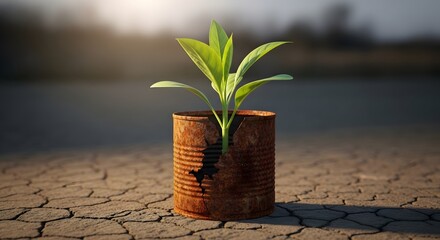A young green plant growing in a rusty metal container placed on cracked dry ground under sunlight