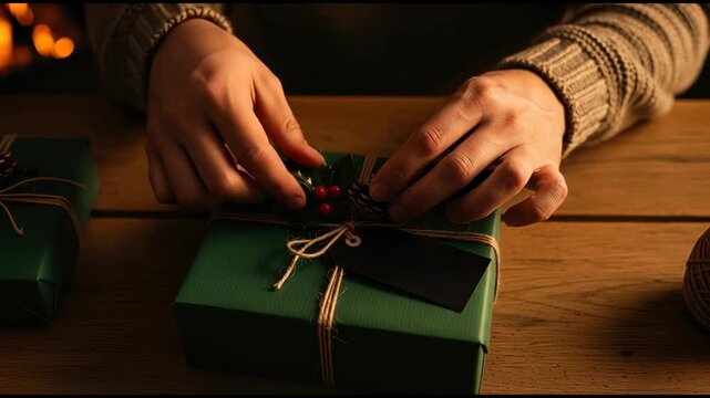 Woman wrapping gift box on wooden table. A warm closeup showing care and holiday preparation. Christmas spirit, thoughtful giving, cozy holiday atmosphere.