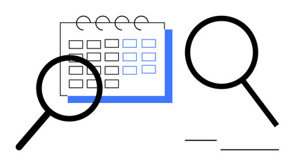 Magnifying glasses examining a calendar with marked dates and lines. Ideal for time management, organization, productivity, planning, scheduling, deadlines, and search concepts. Clean simple flat