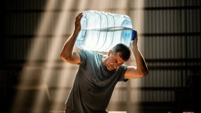 A man struggles to lift a heavy water jug in a bright warehouse, showing his strength
