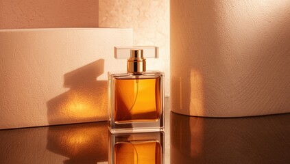 Elegant perfume bottle with golden liquid, bathed in warm sunlight and soft shadows