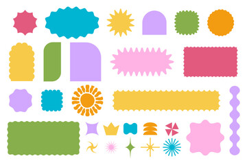 Set of colorful arch and semi-arch, rectangle and square, oval and circle shapes with curvy edges. Trendy geometric forms. Empty boxes, stickers, tags or labels. Vector flat illustration.