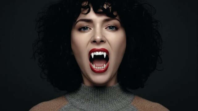 Vampire Woman with Black Curly Hair and Glossy Lips Showing Fangs in Dark Background Close-Up