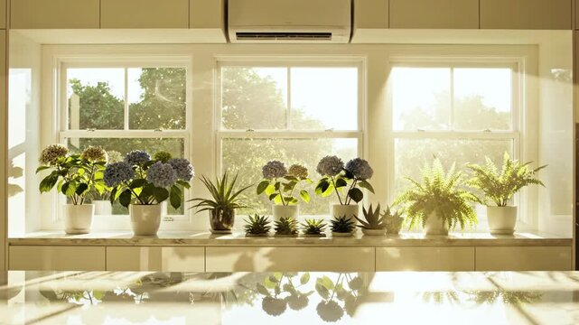 A sunny kitchen window featuring potted plants and hydrangeas with sunlit backdrop