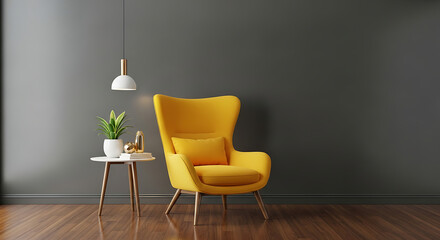 Modern living room interior with yellow armchair, lamp and plant on dark gray wall