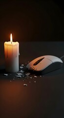 A lit candle standing next to a computer mouse with broken pieces scattered on a dark surface, creating a somber and reflective atmosphere