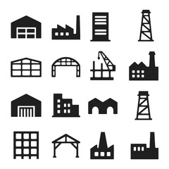 Fototapeta premium Industry Icon Set: A comprehensive collection of industrial building icons, perfect for representing diverse sectors such as manufacturing, warehousing, and construction.