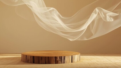 A wooden podium with flowing sheer fabric against a warm, neutral background