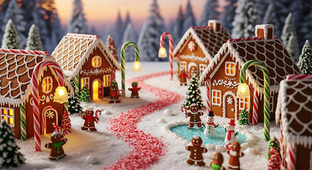 A gingerbread village scene with houses candy canes and gingerbread men figures