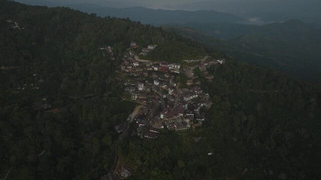 Aerial view of  Ban Pha Hee - a remote Akha hill tribe village located high in Mae Sai district, Chiang Rai province. Thailand
