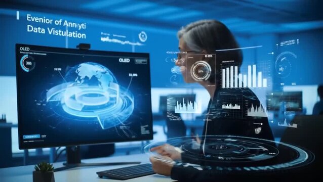 Woman presenting data on oled monitor in blue lit office with keyboard and plant on desk surface