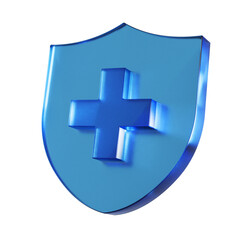 Obraz premium 盾に十字架が付いたフラットなアイコンの3Dイラスト。透明感のある青いグラスモーフィズムなマーク