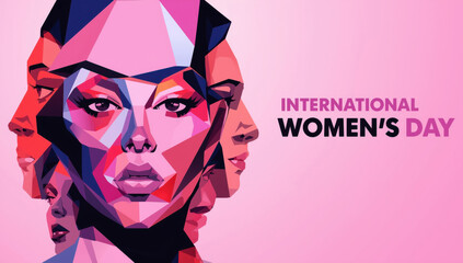 International womens day abstract geometric portrait with multiple faces and pink background