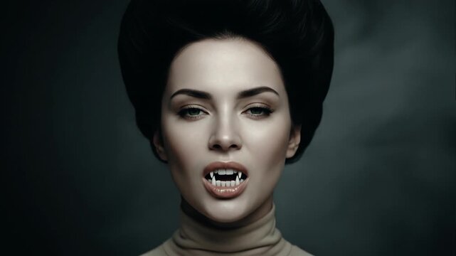 Vampire Woman with Voluminous Black Updo Hair in Beige Turtleneck Showing Fangs with Annoyed Expression in Dark Fog Studio Close-Up