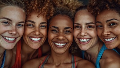 Fototapeta premium Five diverse women smiling and laughing together