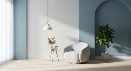 Bright living room interior with white armchair, plant, and modern decor elements