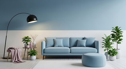 Stylish living room interior with blue sofa, plants, and modern decor elements
