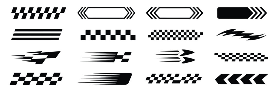 Race Car and Racing Stripe Vector Collection Featuring Checkered Flags, Finish Line, Motocross Labels, Tuning Stickers, Dynamic Lines, and Speed Motion Graphics