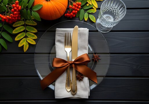 elegant Thanksgiving table setting with silverware, brown ribbon, and autumn leaves on dark wood, festive holiday decor

