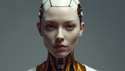 Front view portrait of a female android with exposed mechanical elements on her head and neck