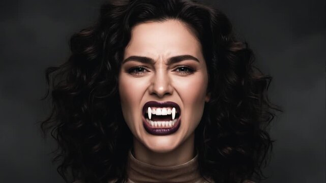 Beautiful Vampire Woman with Dark Curly Hair and Glossy Dark Red Lips Showing Fangs in Dark Fog Studio Close-Up