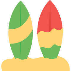 Two Surfboards Green Red and Yellow Standing in Sand with Transparent Background for Beach Activity and Ocean Sport Illustration