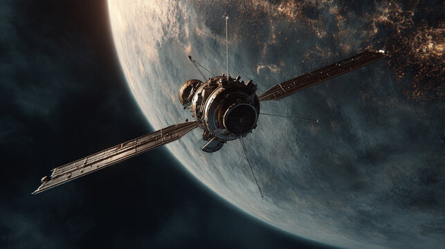 A spacecraft orbiting a glowing, radiant planet. Futuristic sci-fi scene with luminous atmosphere, cosmic reflections, and dynamic space perspective conveying exploration and wonder.