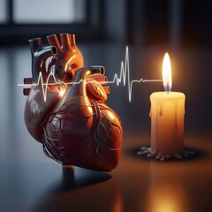A detailed digital illustration of a human heart with an electrocardiogram line running through it, illuminated by a nearby melting candle flame in a dark setting