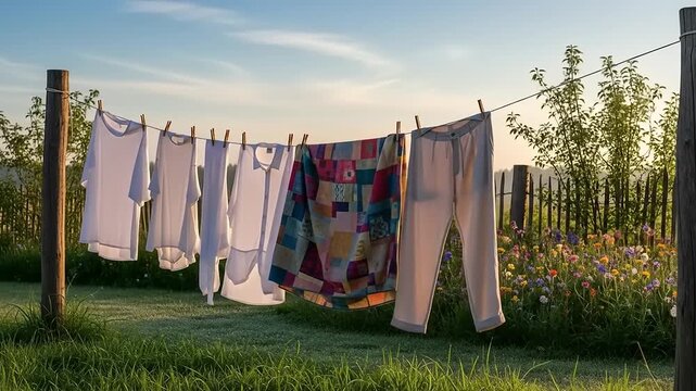 Clothes hanging on a clothesline in a sunny outdoor setting.