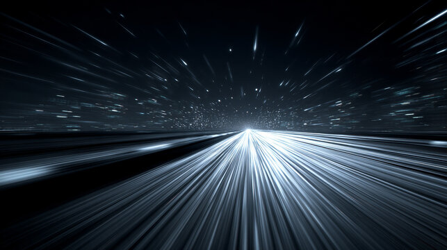 Visualization of the speed of light, with streaking beams, glowing particles, and abstract motion trails. A dynamic, futuristic concept blending physics, energy, and light-speed motion.