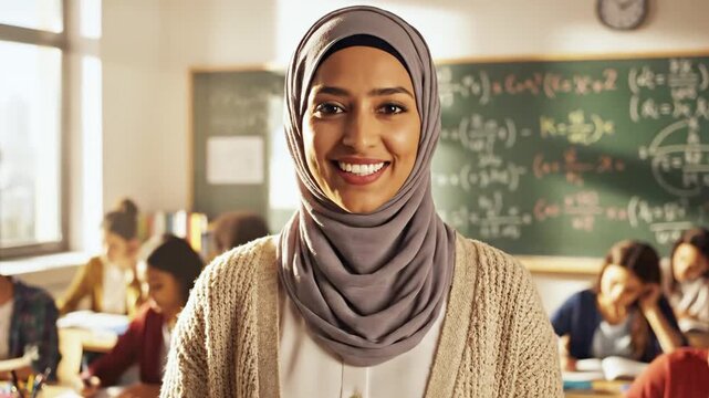 A smiling teacher in a hijab stands in front of a classroom with students