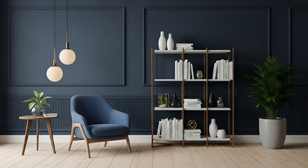 Interior of a modern living room with blue armchair, bookshelf and plant in a pot