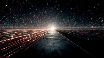 Visualization of the speed of light, with streaking beams, glowing particles, and abstract motion trails. A dynamic, futuristic concept blending physics, energy, and light-speed motion.