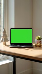 Fototapeta premium Laptop Green Screen Christmas Desk Mockup