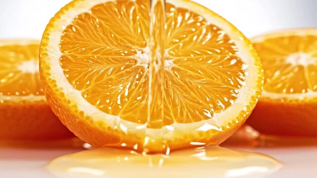 Closeup of a vibrant orange half with juice dripping showcasing freshness and natural sweetness.