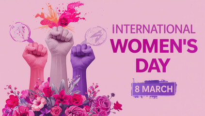 International womens day celebration with raised fists and flowers, promoting gender equality