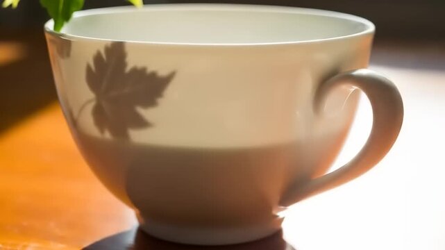 Close up of a decorative teacup with leaf patterns and a green sprig.